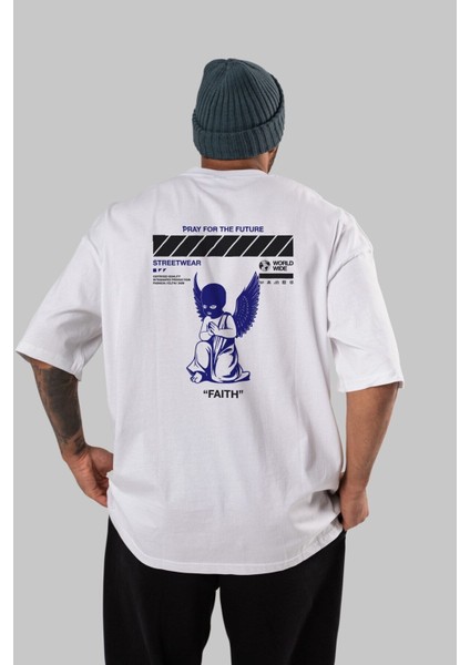 Pray For The Future Arka Baskılı Beyaz Oversize T-Shirt Erkek Kadın Bisiklet Yaka