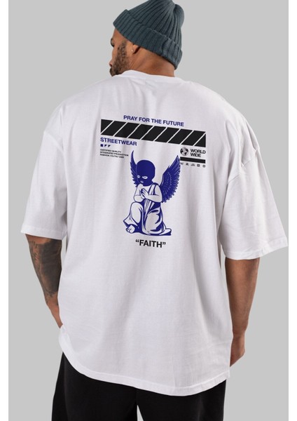 Pray For The Future Arka Baskılı Beyaz Oversize T-Shirt Erkek Kadın Bisiklet Yaka