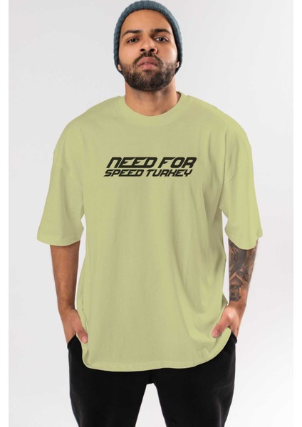 Need For Speed Turkey Ön Baskılı Bej Oversize T-Shirt Erkek Kadın Bisiklet Yaka