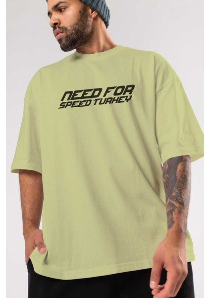 Need For Speed Turkey Ön Baskılı Bej Oversize T-Shirt Erkek Kadın Bisiklet Yaka modelleri