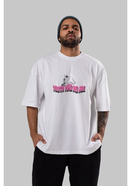 Youth Has No Age Ön Baskılı Beyaz Oversize T-Shirt Erkek Kadın Bisiklet Yaka