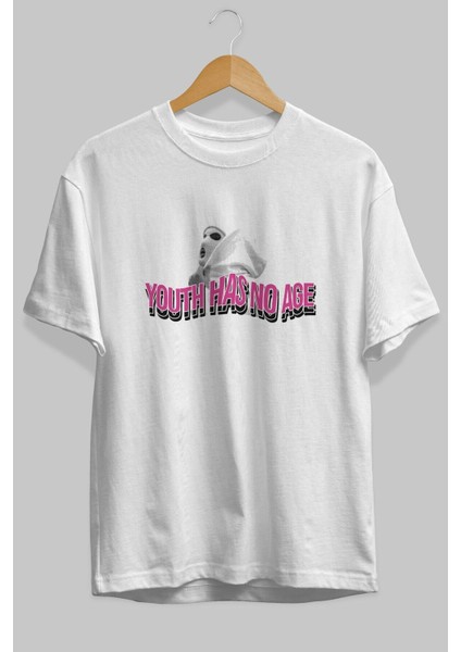 Youth Has No Age Ön Baskılı Beyaz Oversize T-Shirt Erkek Kadın Bisiklet Yaka fiyatları