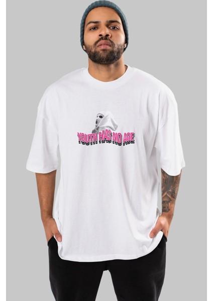 Youth Has No Age Ön Baskılı Beyaz Oversize T-Shirt Erkek Kadın Bisiklet Yaka modelleri