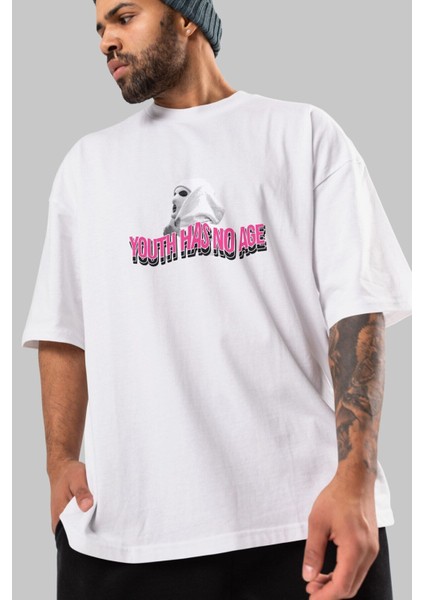 Youth Has No Age Ön Baskılı Beyaz Oversize T-Shirt Erkek Kadın Bisiklet Yaka fırsatları