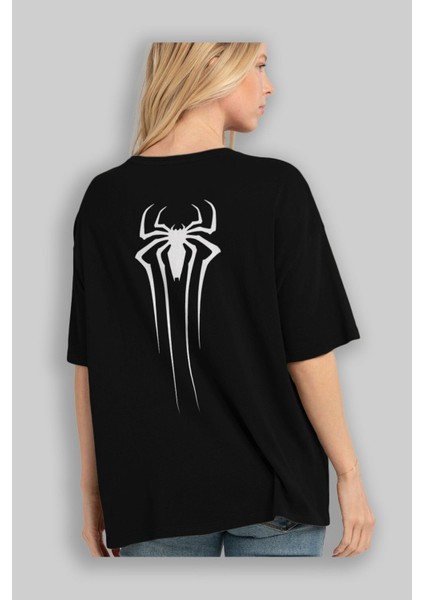Spiderman Arka Baskılı Siyah Oversize T-Shirt Erkek Kadın Bisiklet Yaka fırsatları