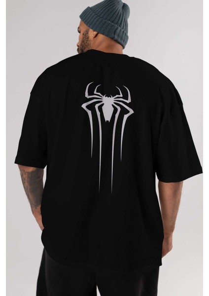 Spiderman Arka Baskılı Siyah Oversize T-Shirt Erkek Kadın Bisiklet Yaka indirimleri