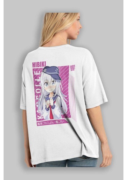Hibiki 4 Anime Arka Baskılı Beyaz Oversize T-Shirt Pamuk Erkek Kadın modelleri