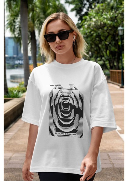 Freedom Is Not Free Ön Baskılı Beyaz Oversize T-Shirt Erkek Kadın Bisiklet Yaka fiyatları