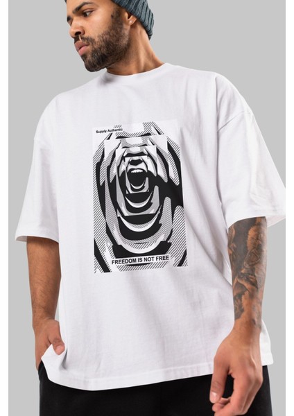 Freedom Is Not Free Ön Baskılı Beyaz Oversize T-Shirt Erkek Kadın Bisiklet Yaka indirimleri