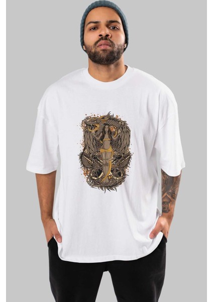 Trıbal (3) Anime Ön Baskılı Beyaz Oversize T-Shirt Erkek Kadın