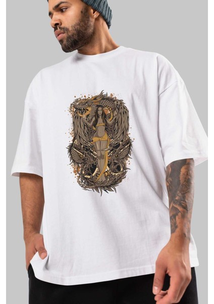 Trıbal (3) Anime Ön Baskılı Beyaz Oversize T-Shirt Erkek Kadın modelleri