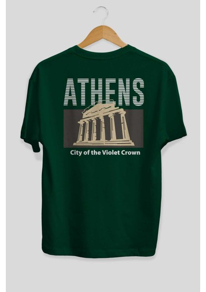 Athens Arka Baskılı Zümrüt Yeşili Oversize T-Shirt Unisex Erkek Kadın Bisiklet Yaka fiyatları