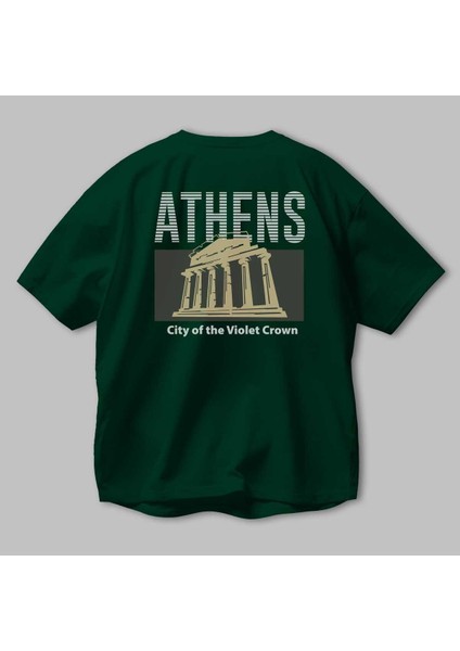 Athens Arka Baskılı Zümrüt Yeşili Oversize T-Shirt Unisex Erkek Kadın Bisiklet Yaka modelleri