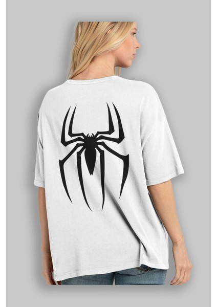 Spiderman Arka Baskılı Beyaz Oversize T-Shirt Erkek Kadın Bisiklet Yaka modelleri