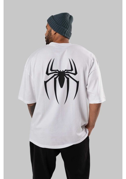 Spiderman Arka Baskılı Beyaz Oversize T-Shirt Erkek Kadın Bisiklet Yaka fırsatları