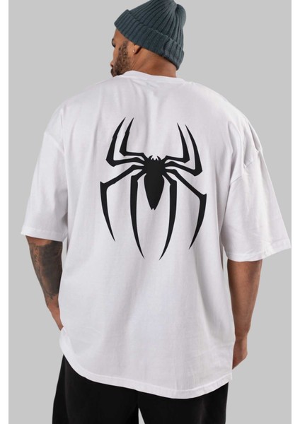 Spiderman Arka Baskılı Beyaz Oversize T-Shirt Erkek Kadın Bisiklet Yaka indirimleri