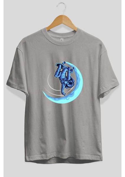 Skating On The Moon Ön Baskılı Gri Oversize T-Shirt Unisex Erkek Kadın Bisiklet Yaka fiyatları