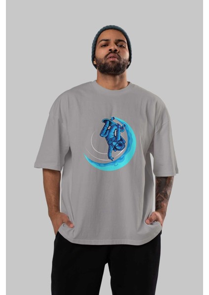 Skating On The Moon Ön Baskılı Gri Oversize T-Shirt Unisex Erkek Kadın Bisiklet Yaka indirimleri