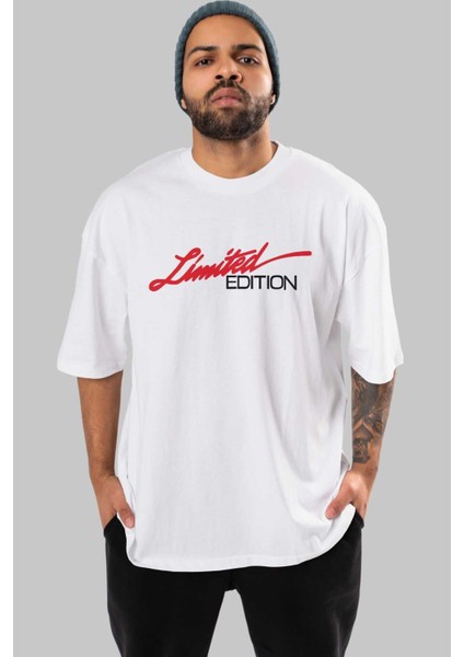 Limited Edition Ön Baskılı Beyaz Oversize T-Shirt Erkek Kadın Bisiklet Yaka