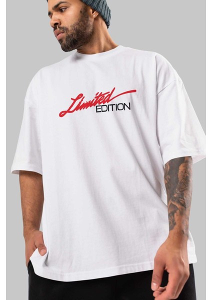 Limited Edition Ön Baskılı Beyaz Oversize T-Shirt Erkek Kadın Bisiklet Yaka modelleri