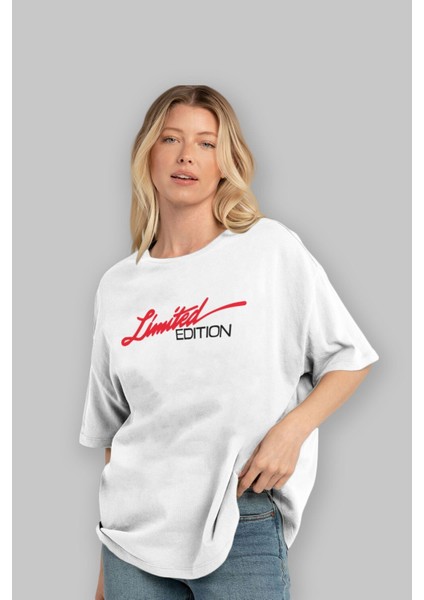 Limited Edition Ön Baskılı Beyaz Oversize T-Shirt Erkek Kadın Bisiklet Yaka fırsatları