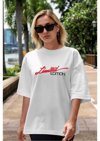 Limited Edition Ön Baskılı Beyaz Oversize T-Shirt Erkek Kadın Bisiklet Yaka indirimleri