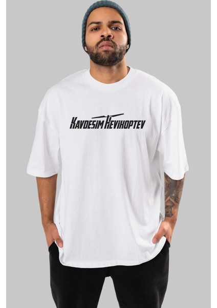 Kardeşim Helikopter Ön Baskılı Beyaz Oversize T-Shirt Erkek Kadın Bisiklet Yaka