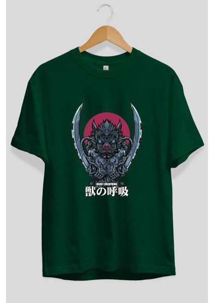 Inosuke Demon Slayer Anime Ön Baskılı Zümrüt Yeşili Oversize T-Shirt Erkek Kadın fiyatları
