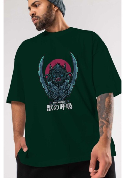 Inosuke Demon Slayer Anime Ön Baskılı Zümrüt Yeşili Oversize T-Shirt Erkek Kadın modelleri