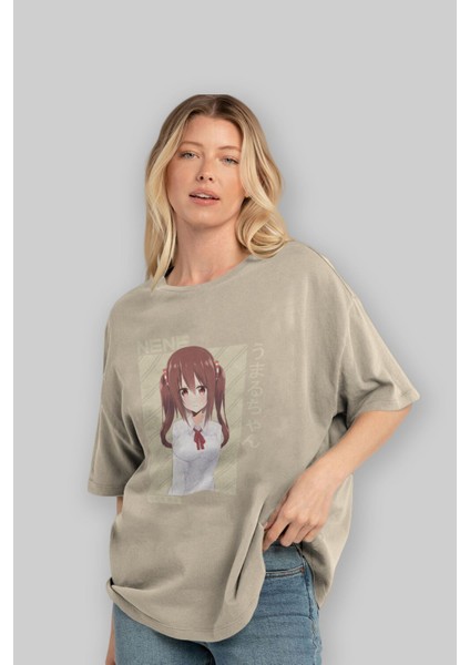 Nene Ebina 1 Anime Ön Baskılı Bej Oversize T-Shirt Erkek Kadın modelleri