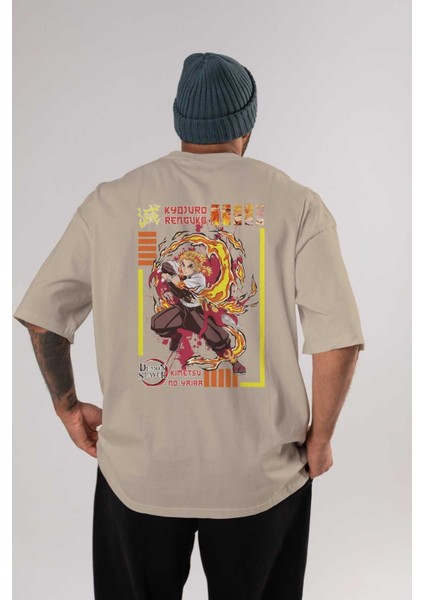 Kyojuro Rengoku Anime Arka Baskılı Bej Oversize T-Shirt %100 Pamuk Erkek Kadın
