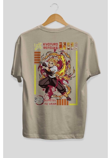 Kyojuro Rengoku Anime Arka Baskılı Bej Oversize T-Shirt %100 Pamuk Erkek Kadın fiyatları