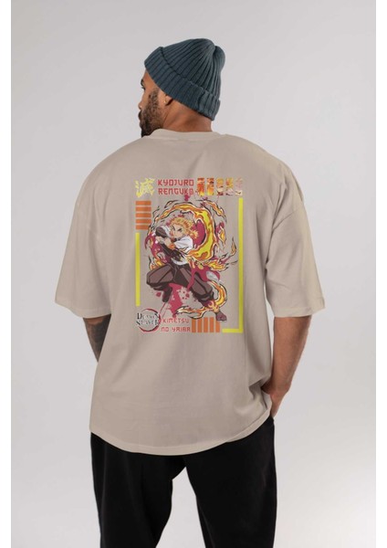 Kyojuro Rengoku Anime Arka Baskılı Bej Oversize T-Shirt %100 Pamuk Erkek Kadın fırsatları