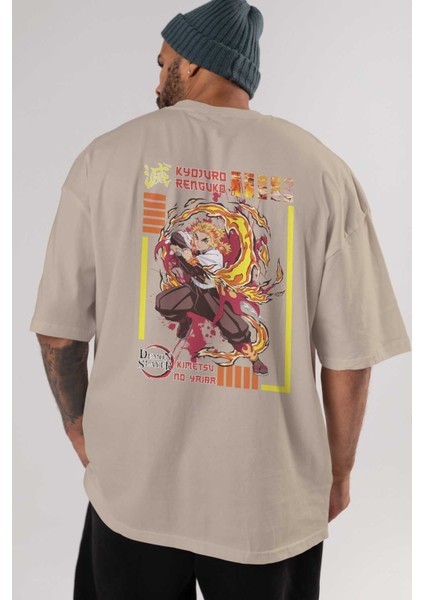 Kyojuro Rengoku Anime Arka Baskılı Bej Oversize T-Shirt %100 Pamuk Erkek Kadın indirimleri