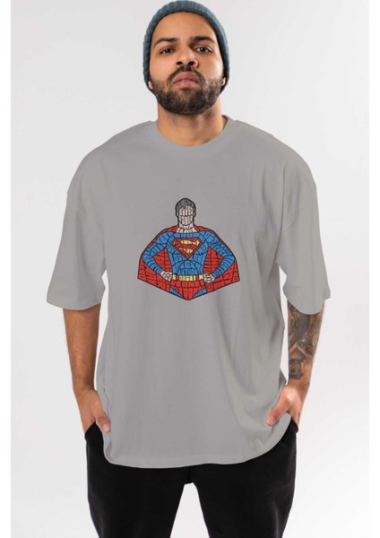 Kryptonian Ön Baskılı Gri Oversize T-Shirt Unisex Erkek Kadın Bisiklet Yaka