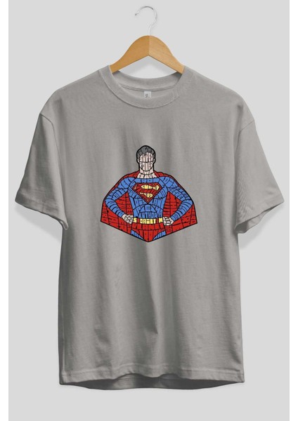 Kryptonian Ön Baskılı Gri Oversize T-Shirt Unisex Erkek Kadın Bisiklet Yaka fiyatları