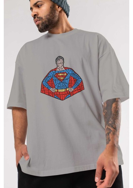 Kryptonian Ön Baskılı Gri Oversize T-Shirt Unisex Erkek Kadın Bisiklet Yaka modelleri
