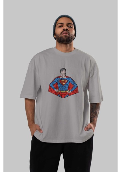 Kryptonian Ön Baskılı Gri Oversize T-Shirt Unisex Erkek Kadın Bisiklet Yaka indirimleri