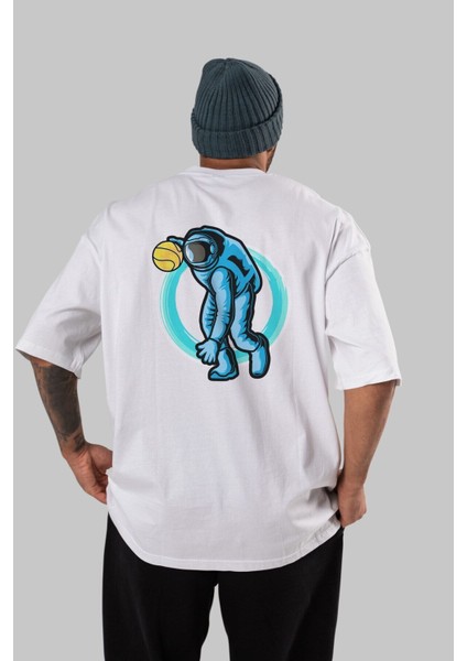 Astronaut Dribble Arka Baskılı Beyaz Oversize T-Shirt Erkek Kadın Bisiklet Yaka fiyatları