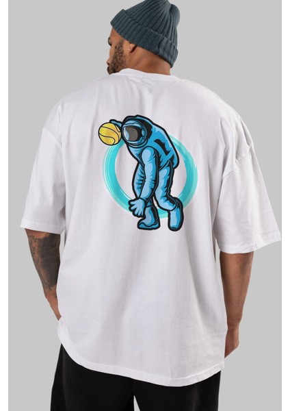 Astronaut Dribble Arka Baskılı Beyaz Oversize T-Shirt Erkek Kadın Bisiklet Yaka modelleri