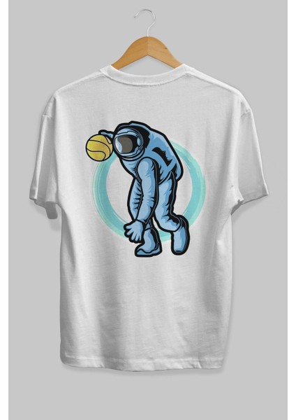 Astronaut Dribble Arka Baskılı Beyaz Oversize T-Shirt Erkek Kadın Bisiklet Yaka fırsatları