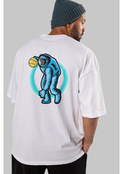 Astronaut Dribble Arka Baskılı Beyaz Oversize T-Shirt Erkek Kadın Bisiklet Yaka indirimleri