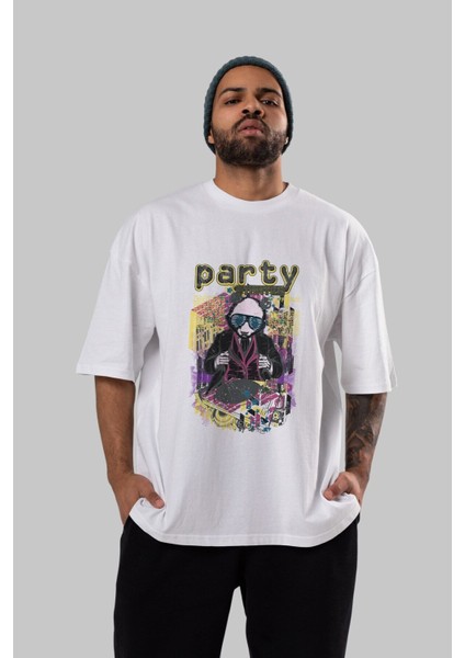 Party Starter Ön Baskılı Beyaz Oversize T-Shirt Erkek Kadın Bisiklet Yaka