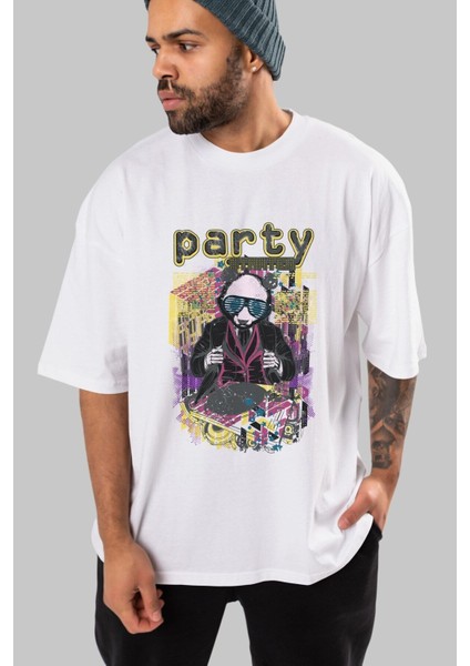 Party Starter Ön Baskılı Beyaz Oversize T-Shirt Erkek Kadın Bisiklet Yaka fiyatları