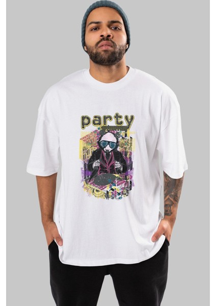 Party Starter Ön Baskılı Beyaz Oversize T-Shirt Erkek Kadın Bisiklet Yaka modelleri