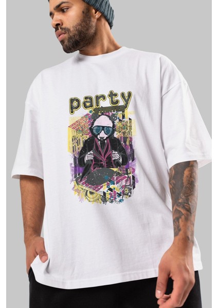 Party Starter Ön Baskılı Beyaz Oversize T-Shirt Erkek Kadın Bisiklet Yaka fırsatları