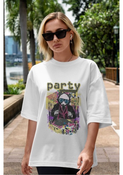 Party Starter Ön Baskılı Beyaz Oversize T-Shirt Erkek Kadın Bisiklet Yaka indirimleri