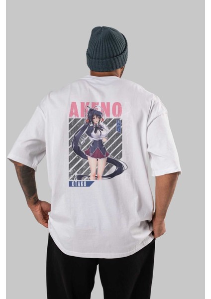 Akeno Himejima 4 Anime Arka Baskılı Beyaz Oversize T-Shirt Pamuk Erkek Kadın
