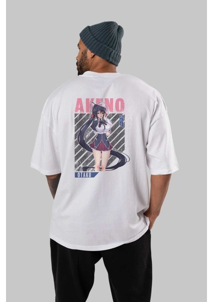 Akeno Himejima 4 Anime Arka Baskılı Beyaz Oversize T-Shirt Pamuk Erkek Kadın fırsatları