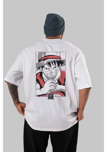Luff D. Monkey Onepiece Anime Arka Baskılı Beyaz Oversize T-Shirt Pamuk Erkek Kadın